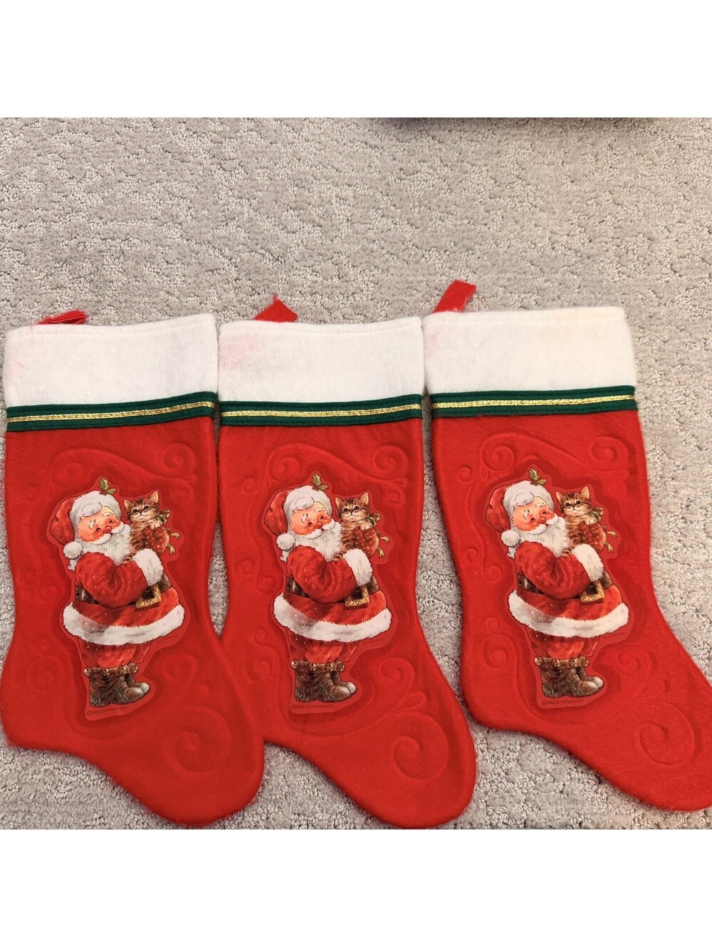 Christmas Stockings Lot Pair Giordano Art Vintage 1983 Santa & Cat Set of 3